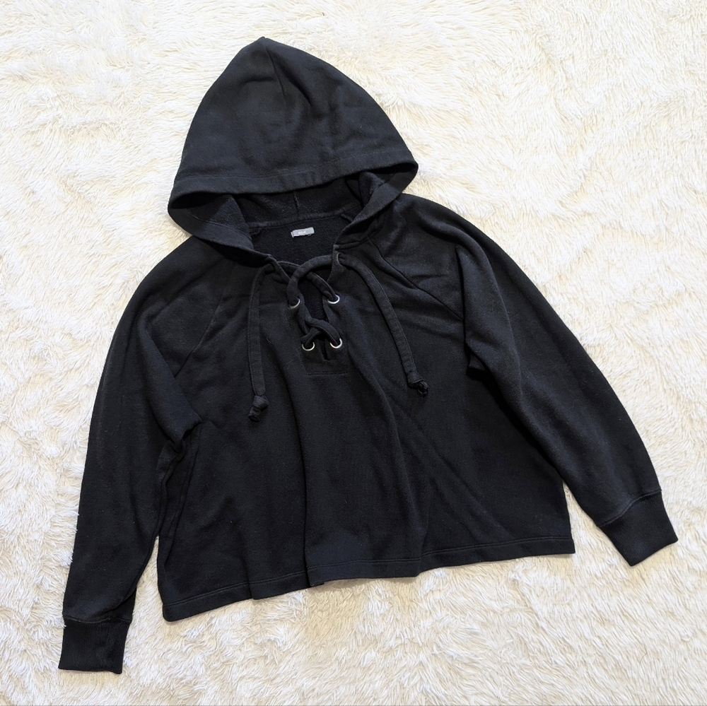 Aerie Black Oversized Lace Up Neckline Crop Hoodie Fall Sweatshirt Large - Picture 2 of 11